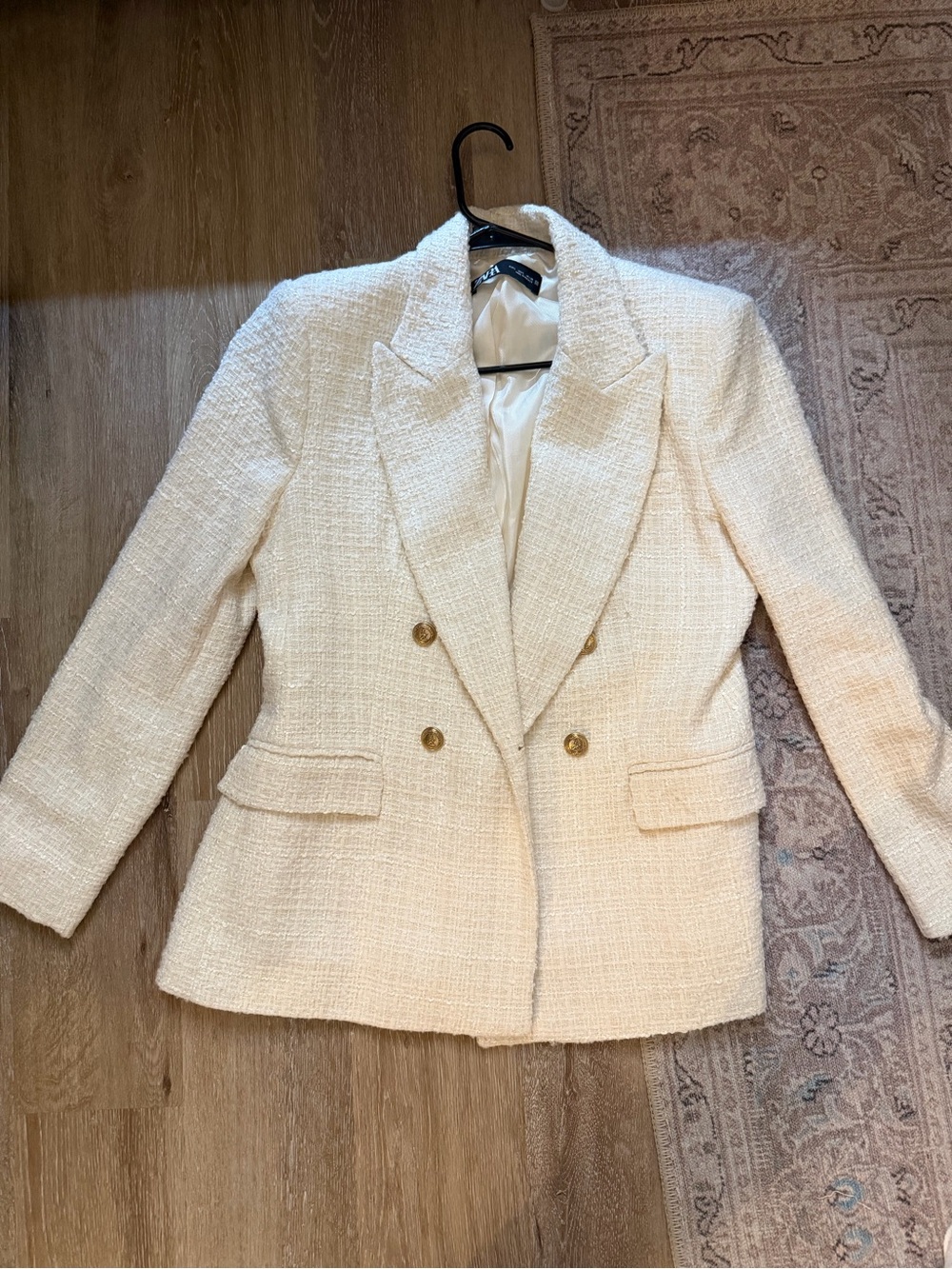 Zara Cream Bouclé Double-Breasted Blazer with Gold Buttons